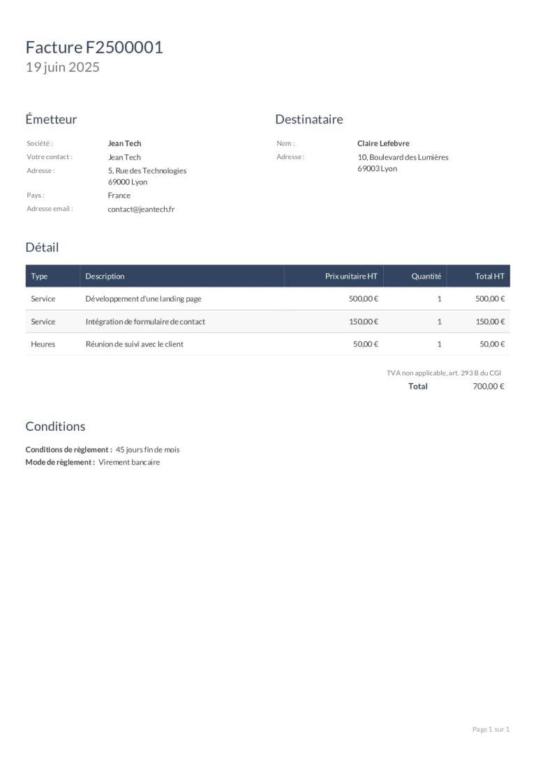 Modèle gratuit de facture d’auto-entrepreneur à télécharger