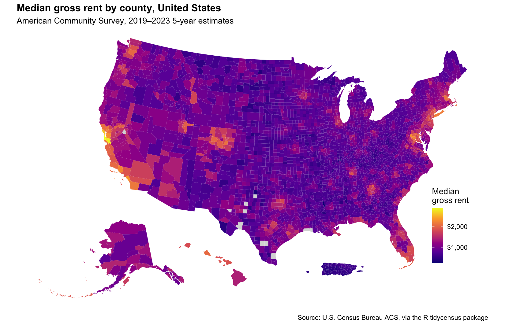 Cartographie des loyers américains par comté en R avec Tidycensus, SF et ggplot2
